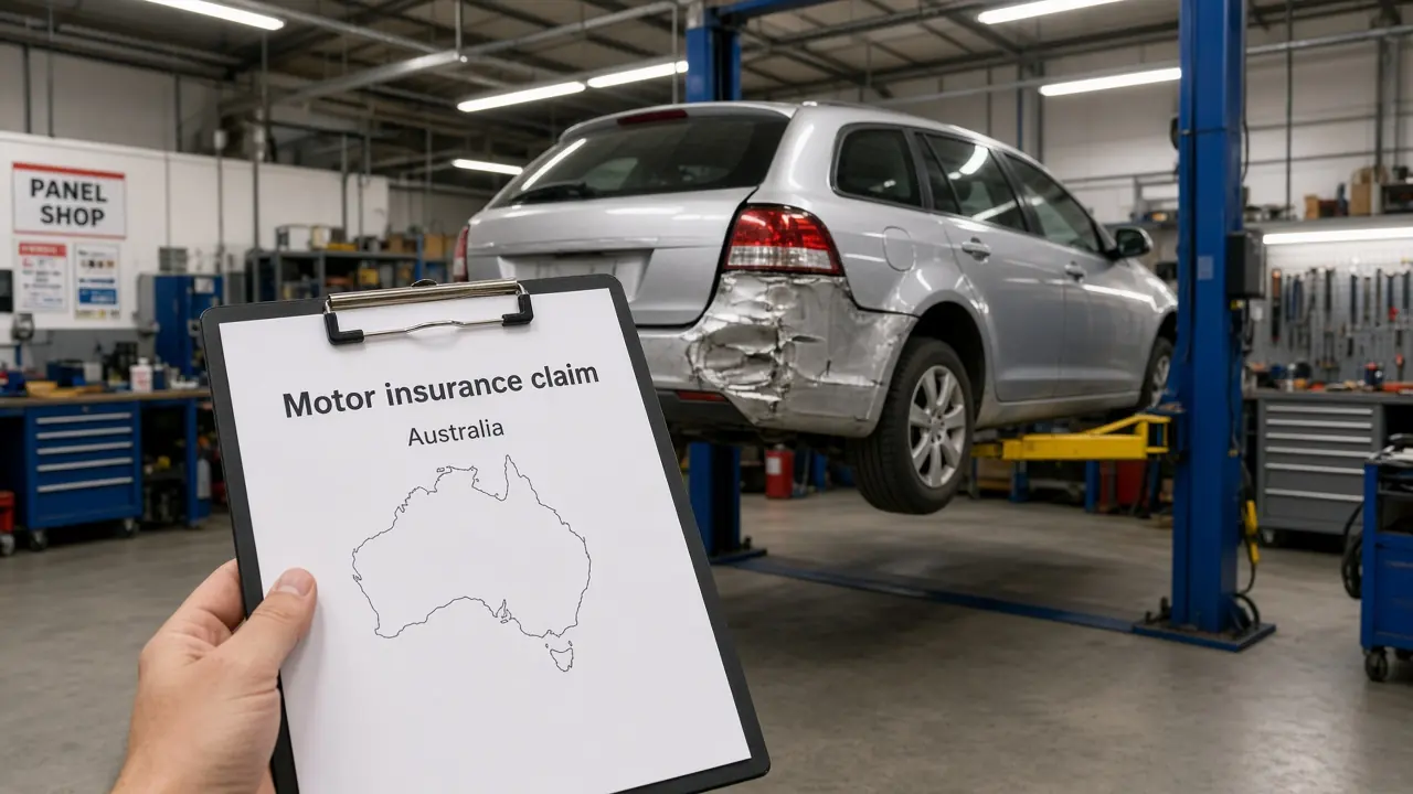 Australian motor insurance claim held in front of a damaged car on a workshop hoist